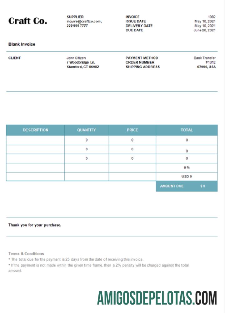 Fatura da USA Craft Co. amostra